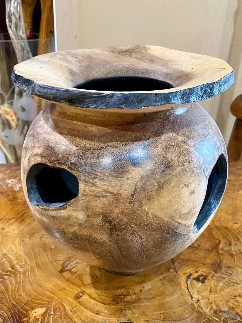 Vintage Teak Root Decorative Turned Wood Vase 8.5” Tall